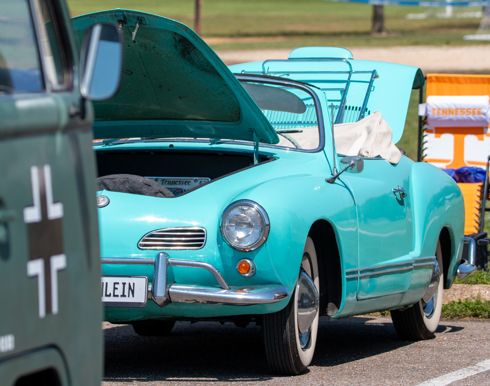 Blue Karmann Ghia with the top down